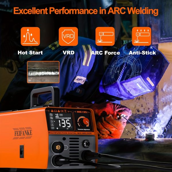 FEIFANKE MIG135 Heavy-Duty Commercial/Industrial Welding Machine - 110V/220V Dual Voltage, 120A DC Welder with Gasless MIG, Lift TIG, MMA/ARC, Flux Core - Compact Welder for Carbon & Stainless Steel, Workshop, Construction, Farm, DIY - with Electrical Holder & Wiring Harnesses, Metal Fabrication, Portable Design, Durable Build, Industrial Workers - Image 6