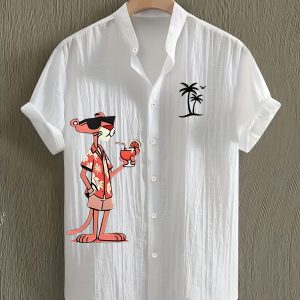 Men'S Summer Casual Beach Shirt - Lightweight Breathable Polyester-Spandex Blend Short Sleeve Top with Orange Cartoon Leopard Pattern and Tropical Drink Print, Stand Collar Design, Machine Washable, Perfect for Pool Parties and Beach Vacations