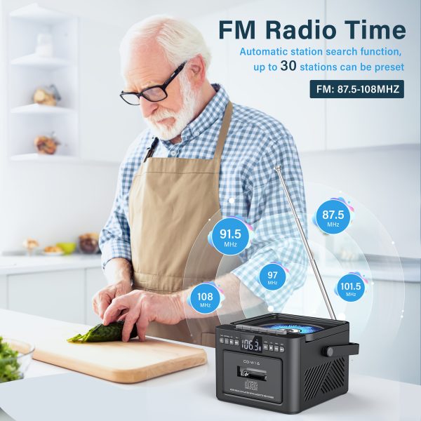 Boombox Cassette CD Player with 5000mAh Battery, 5W Dual Stereo Speakers, Rechargeable CD Player with FM Radio, Remote Control, Tape Recording, 3.5mm Earphone Jack, AUX/Micro SD/USB for Home - Image 6