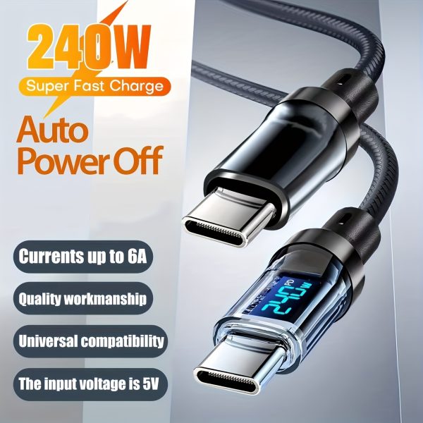 [Fast Charging Cable] PD240W 5A USB C Type-C Super Fast Charging Cable with LED Real-Time Display, Nylon Braided Data Cord for iPhone 16/15, Samsung, Xiaomi Redmi, OnePlus OPPO - Image 3