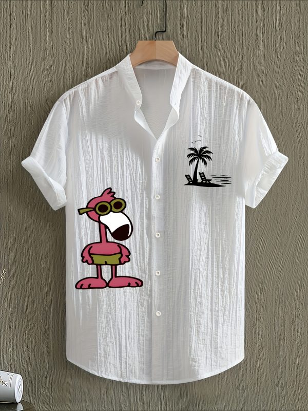 Men'S Summer Casual Beach Shirt - Lightweight Breathable Polyester-Spandex Blend Short Sleeve Top with Orange Cartoon Leopard Pattern and Tropical Drink Print, Stand Collar Design, Machine Washable, Perfect for Pool Parties and Beach Vacations - Image 5