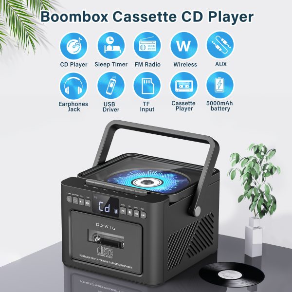 Boombox Cassette CD Player with 5000mAh Battery, 5W Dual Stereo Speakers, Rechargeable CD Player with FM Radio, Remote Control, Tape Recording, 3.5mm Earphone Jack, AUX/Micro SD/USB for Home - Image 3
