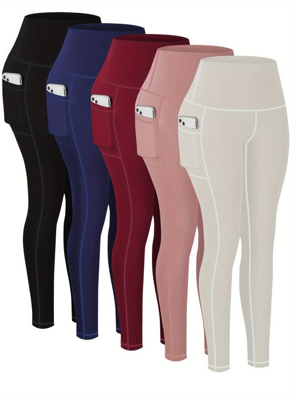 5-Pack Plus Size Sports Leggings For Women, High-Waisted Cropped Yoga Pants With Pockets, Fitness Running Compression Tights - Breathable & Moisture-Wicking Fabric - For Spring & Autumn - Ideal for Yoga, Running & Fitness - Perfect Gift for Active Women