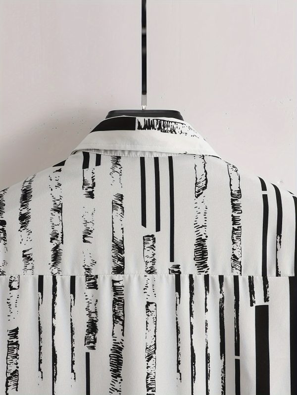 Men'S Plus Size Casual Striped Short Sleeve Shirt - Black & White Vertical Stripes, Lightweight & Breathable Fabric, Perfect for Outdoor, Vacation, Beach & Streetwear, Summer Fashion, Vacation Clothing | Vertical Stripe Shirt | Comfortable Fit, PLUS SIZE - Image 4