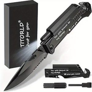 7-in-1 Multifunctional Folding Knife with LED Light - Heavy-Duty Folding EDC Knife, Portable Camping & Hunting Tool with Engraving Option - Birthday/Anniversary Gift for Men, Husband, Boyfriend - Anti-Rust Construction, Foldable Knife, Tactical Equipment, Modern Tactical Design, Durable Construction, Outdoor Enthusiasts
