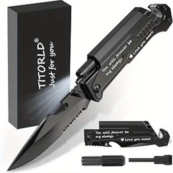 7-in-1 Multifunctional Folding Knife with LED Light - Heavy-Duty Folding EDC Knife, Portable Camping & Hunting Tool with Engraving Option - Birthday/Anniversary Gift for Men, Husband, Boyfriend - Anti-Rust Construction, Foldable Knife, Tactical Equipment, Modern Tactical Design, Durable Construction, Outdoor Enthusiasts
