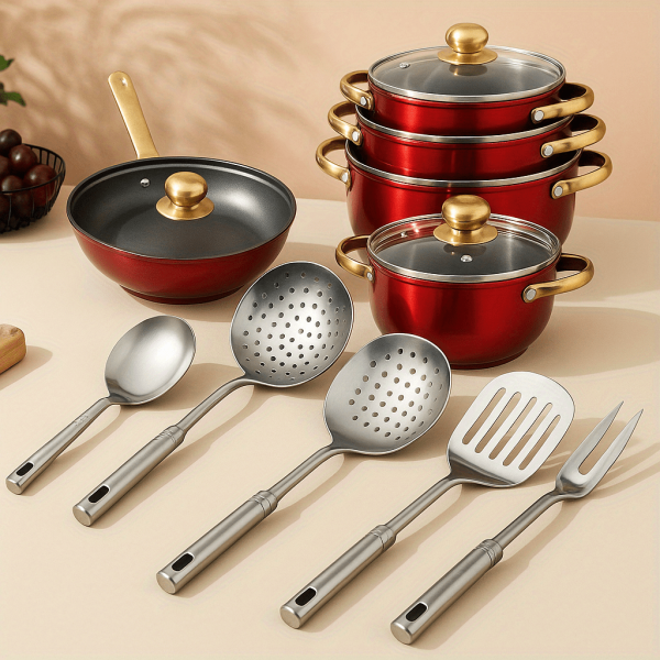 18pcs thick stainless steel cookware set, non stick cookware set, heat-resistant, frying pan, flat bottomed pan, stew pot, multifunctional, stylish, durable, suitable for induction cookers, outdoor anti stick cookware set - Image 4