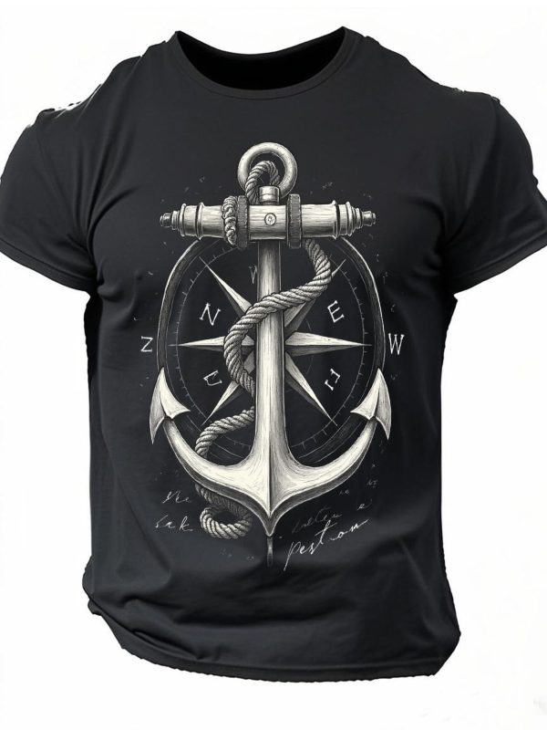 Cool Men'S Anchor & Compass Graphic T-Shirt - Vintage Nautical Theme Casual Crew Neck Short Sleeve Tee, Super Soft Cotton Blend, Lightweight & Breathable Top - Perfect for Summer, Beach, Vacation, Daily Wear, Outdoor Activities - Ideal Gift for Dad - Image 2