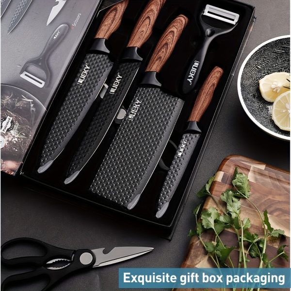 Professional 6pcs Kitchen Knives Set, Chef, Cleaver, Slicer, Utility Knife Peeler& Scissors Stainless Steel Ultra Sharp with Non-Stick Ergonomic Wood Handle Cooking Chef Knife Set for Home Travel Vegetable, Meat, Fruit Gift Box - Image 4