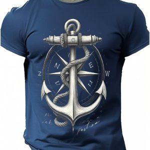 Cool Men'S Anchor & Compass Graphic T-Shirt - Vintage Nautical Theme Casual Crew Neck Short Sleeve Tee, Super Soft Cotton Blend, Lightweight & Breathable Top - Perfect for Summer, Beach, Vacation, Daily Wear, Outdoor Activities - Ideal Gift for Dad