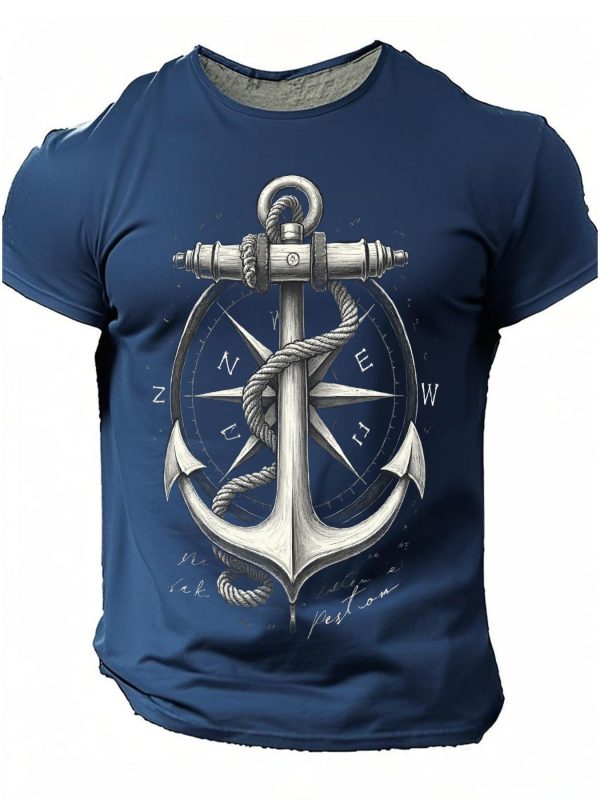 Cool Men'S Anchor & Compass Graphic T-Shirt - Vintage Nautical Theme Casual Crew Neck Short Sleeve Tee, Super Soft Cotton Blend, Lightweight & Breathable Top - Perfect for Summer, Beach, Vacation, Daily Wear, Outdoor Activities - Ideal Gift for Dad