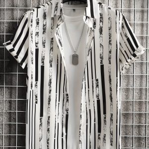 Men'S Plus Size Casual Striped Short Sleeve Shirt - Black & White Vertical Stripes, Lightweight & Breathable Fabric, Perfect for Outdoor, Vacation, Beach & Streetwear, Summer Fashion, Vacation Clothing | Vertical Stripe Shirt | Comfortable Fit, PLUS SIZE