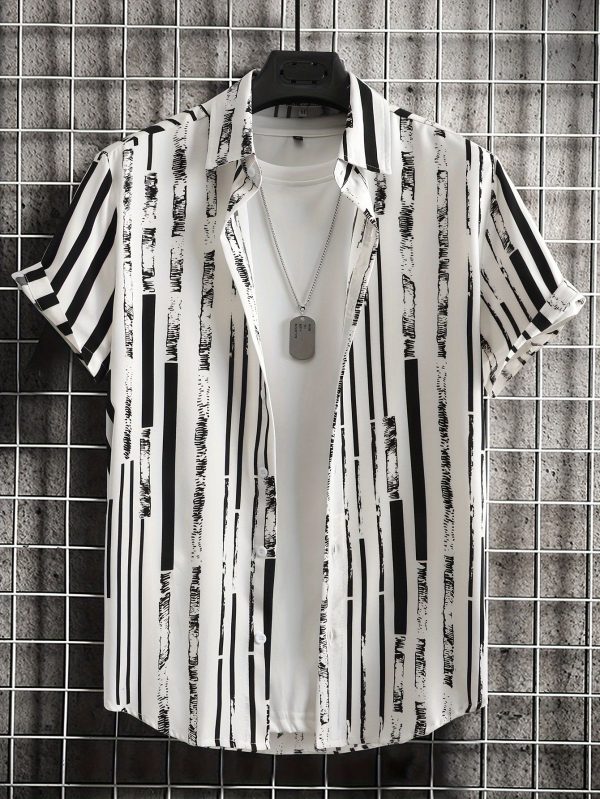 Men'S Plus Size Casual Striped Short Sleeve Shirt - Black & White Vertical Stripes, Lightweight & Breathable Fabric, Perfect for Outdoor, Vacation, Beach & Streetwear, Summer Fashion, Vacation Clothing | Vertical Stripe Shirt | Comfortable Fit, PLUS SIZE
