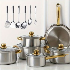 18pcs thick stainless steel cookware set, non stick cookware set, heat-resistant, frying pan, flat bottomed pan, stew pot, multifunctional, stylish, durable, suitable for induction cookers, outdoor anti stick cookware set