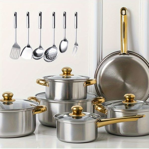 18pcs thick stainless steel cookware set, non stick cookware set, heat-resistant, frying pan, flat bottomed pan, stew pot, multifunctional, stylish, durable, suitable for induction cookers, outdoor anti stick cookware set