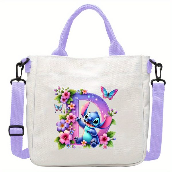 [Disney Stitch Bag] Disney Stitch Tote Bag | Lightweight Durable Adjustable Shoulder Strap, Purple Casual Shoulder Bag for Men's Fashion, Daily Commute, Ideal Gift, Cute Tote Bag, Sturdy Handles, A-Z Alphabet & Floral Butterfly Design - Image 9