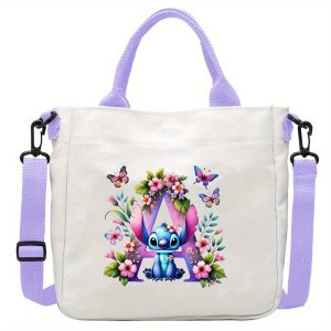 [Disney Stitch Bag] Disney Stitch Tote Bag | Lightweight Durable Adjustable Shoulder Strap, Purple Casual Shoulder Bag for Men's Fashion, Daily Commute, Ideal Gift, Cute Tote Bag, Sturdy Handles, A-Z Alphabet & Floral Butterfly Design