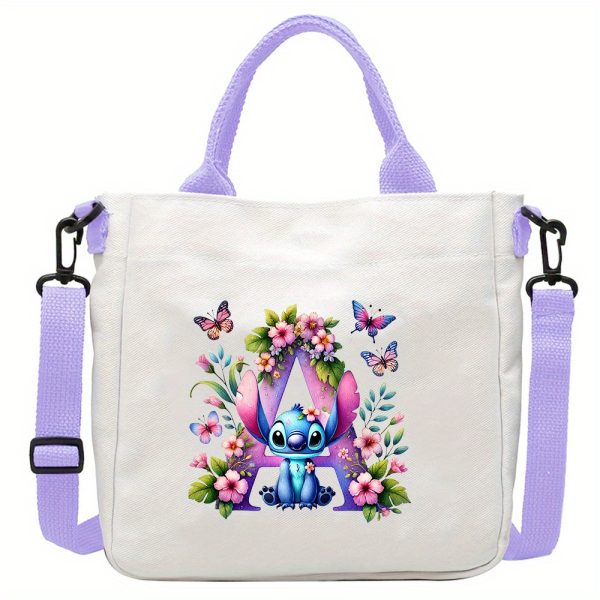 [Disney Stitch Bag] Disney Stitch Tote Bag | Lightweight Durable Adjustable Shoulder Strap, Purple Casual Shoulder Bag for Men's Fashion, Daily Commute, Ideal Gift, Cute Tote Bag, Sturdy Handles, A-Z Alphabet & Floral Butterfly Design